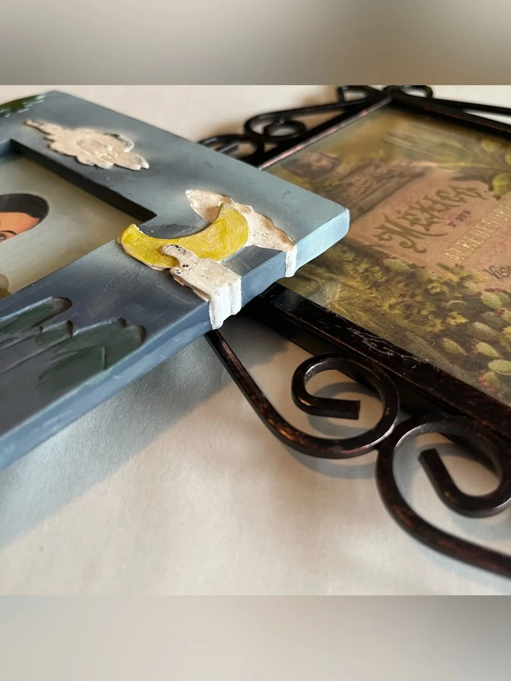 Vintage Chalkware and Metal Picture Photo Frames w/ Fine Art Prints-Set of 2